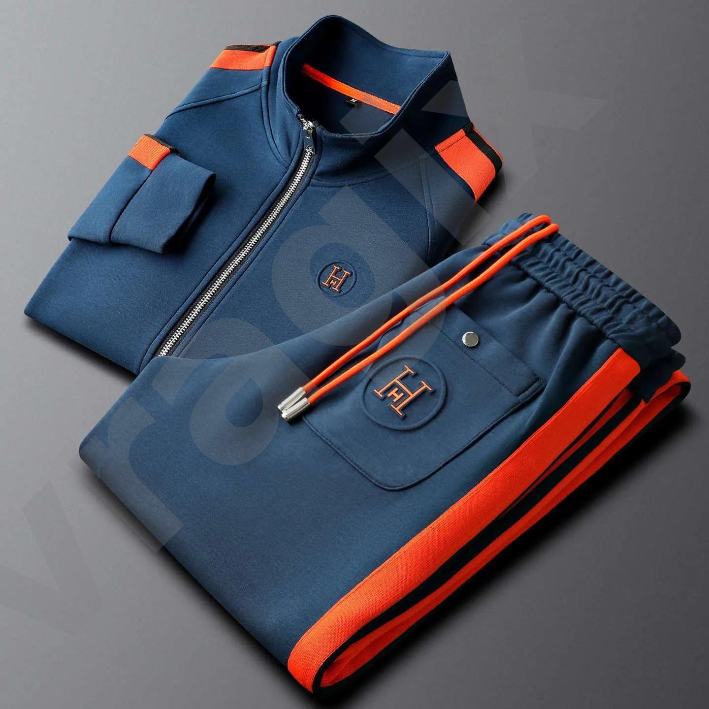 Survêtement de sport décontracté pour hommes, veste à col montant avec fermeture éclair complète et pantalon à cordon de serrage, bande de couleu