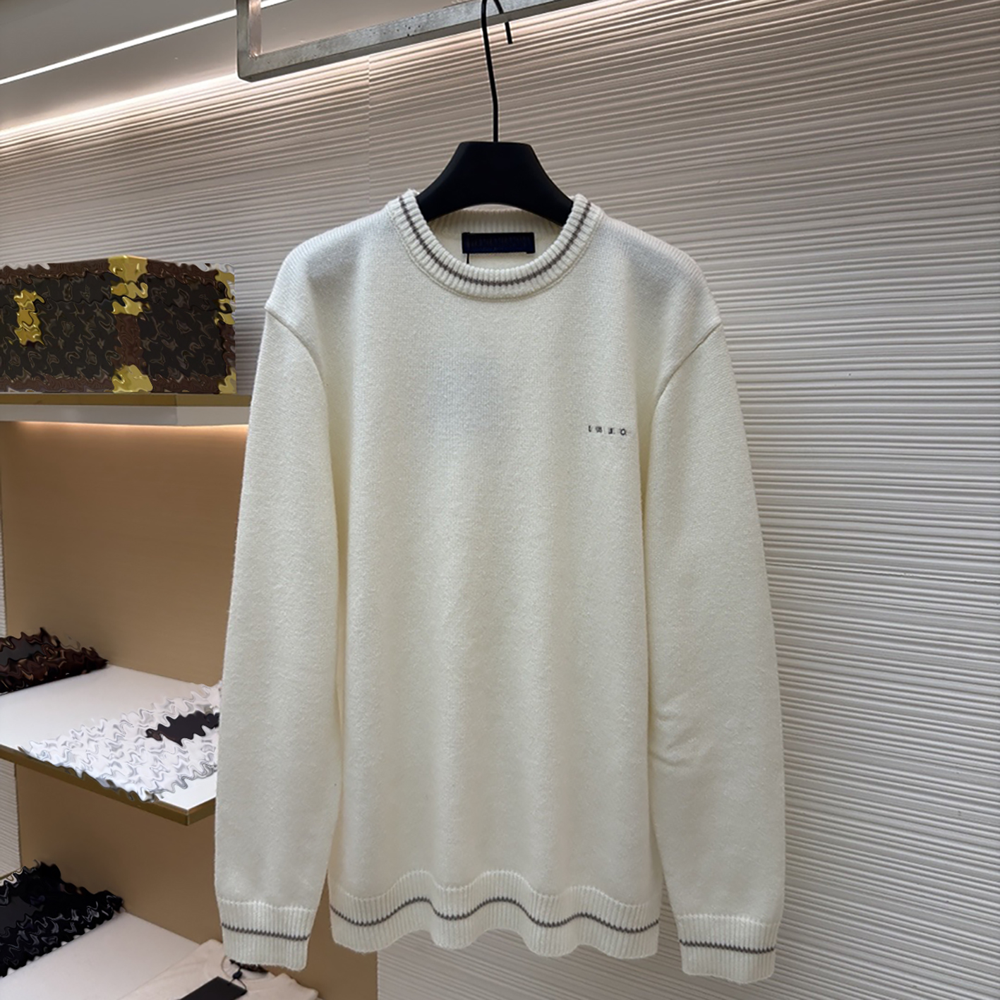 Designer brand clothing high-quality men's men's beige contrasting round neck knitted sweater | Simple letter embroidery knitted unisex to