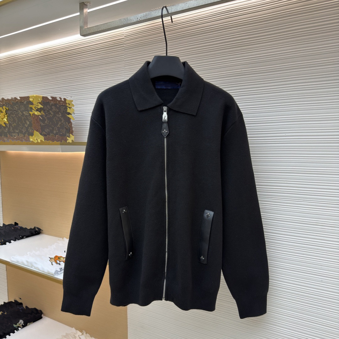 Designer brand clothing, high-quality men's men's collar spun knitted casual jacket, leather pocket zipper cardigan, simple and luxurious