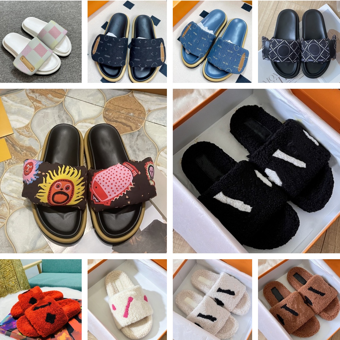 Men's Women Thick Sole Slide Sandals Adjustable Magic Strap Denim Print Open Toe Slippers Non Slip Platform Casual Winter Warm Fluffy Fuzzy Rub