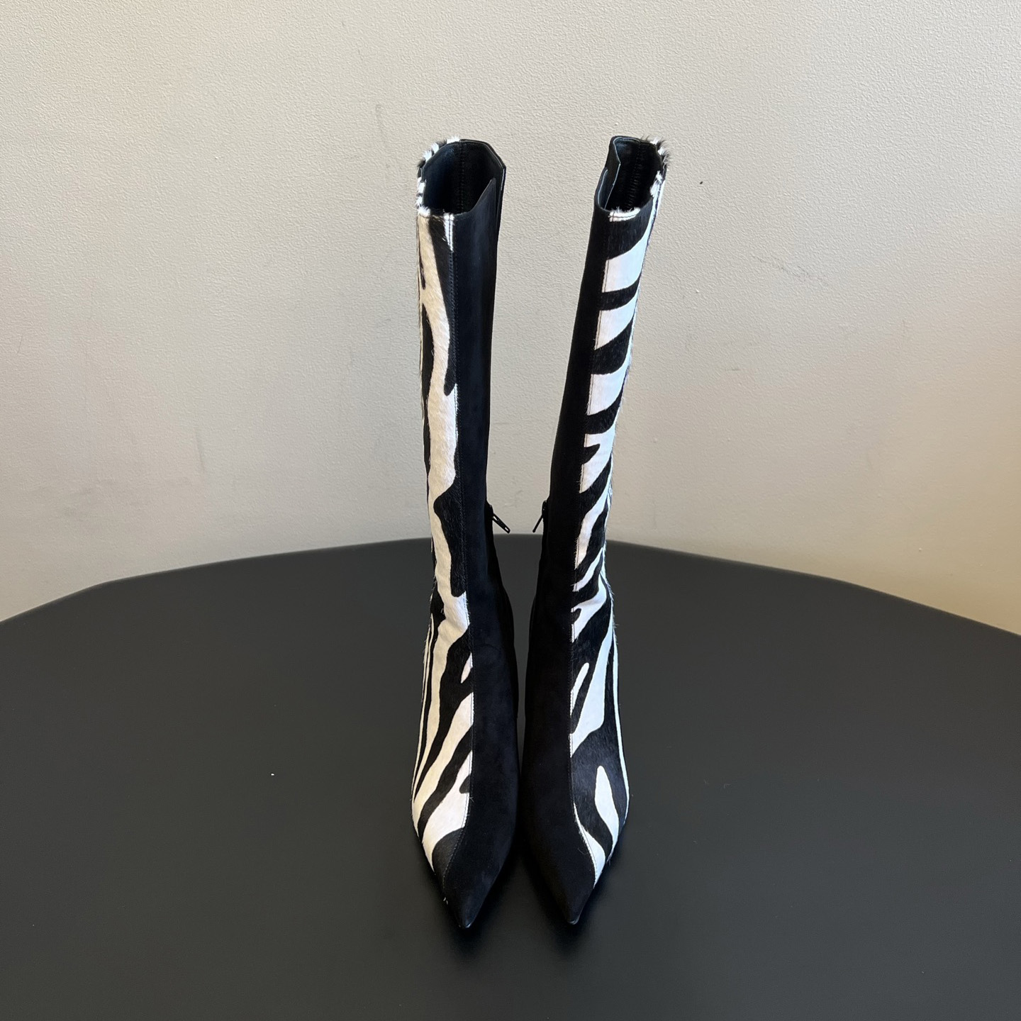 Botas hasta la rodilla con puntera puntiaguda y estampado de cebra para mujer, botas altas con tacón de aguja con bloques de color de principios de