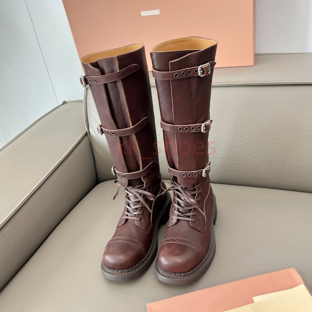 Luxury Designer Women Knee High Motorcycle Boots Genuine Leather Triple Buckle Strap Cross Tied Lace Up Chunky Low Heel Biker Long Shoes Size 35-41