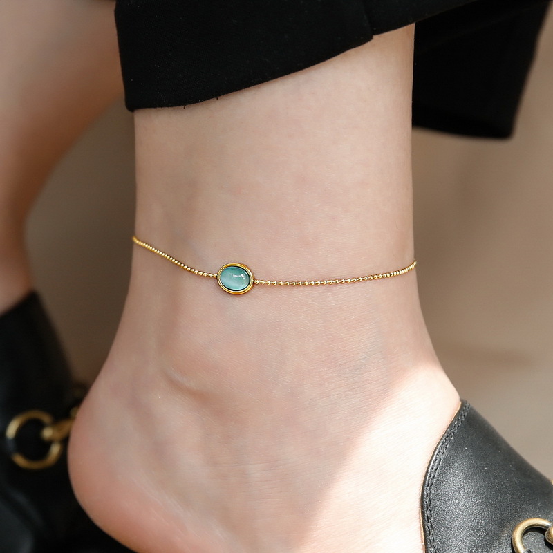 Elegant Blue Oval Cat's Eye Stone Titanium Steel Anklet For Women, New Summer Style, Light Luxury 18K Gold Vintage Leg Ring Foot Accessory