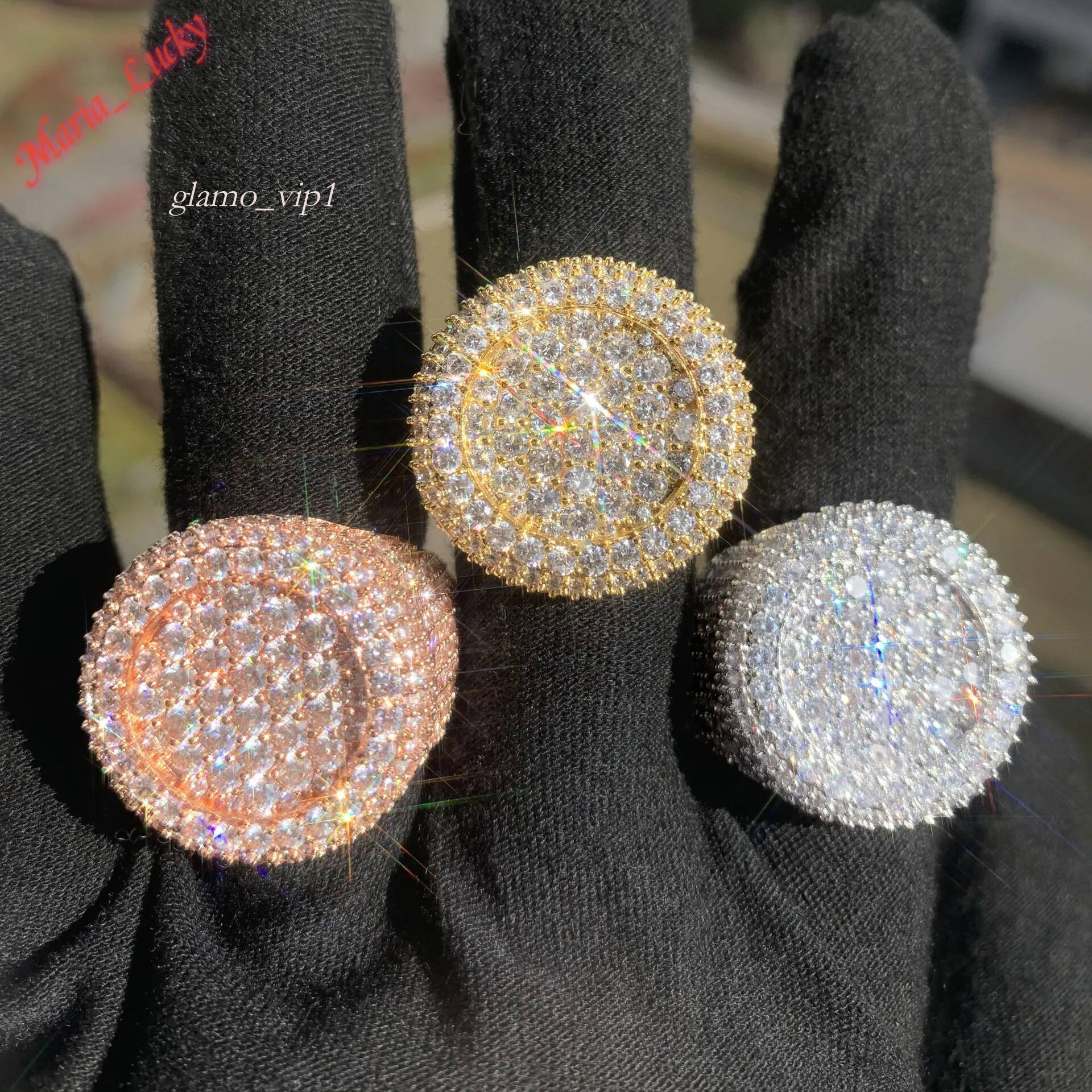 High Quality Unisex Round Full Iced Out Statement Ring 18K Gold Plated Brass Micro Pave Moissanite Fashion Finger Jewelry For Hip Hop Club Party Dai