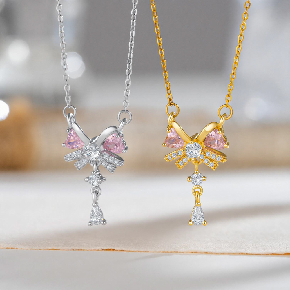 Cross-Border New Pink Butterfly Necklace With Full Diamond Micro-Pave Tassel Design, A Delicate High-End, Lightweight, And Niche Clavicle Chain For