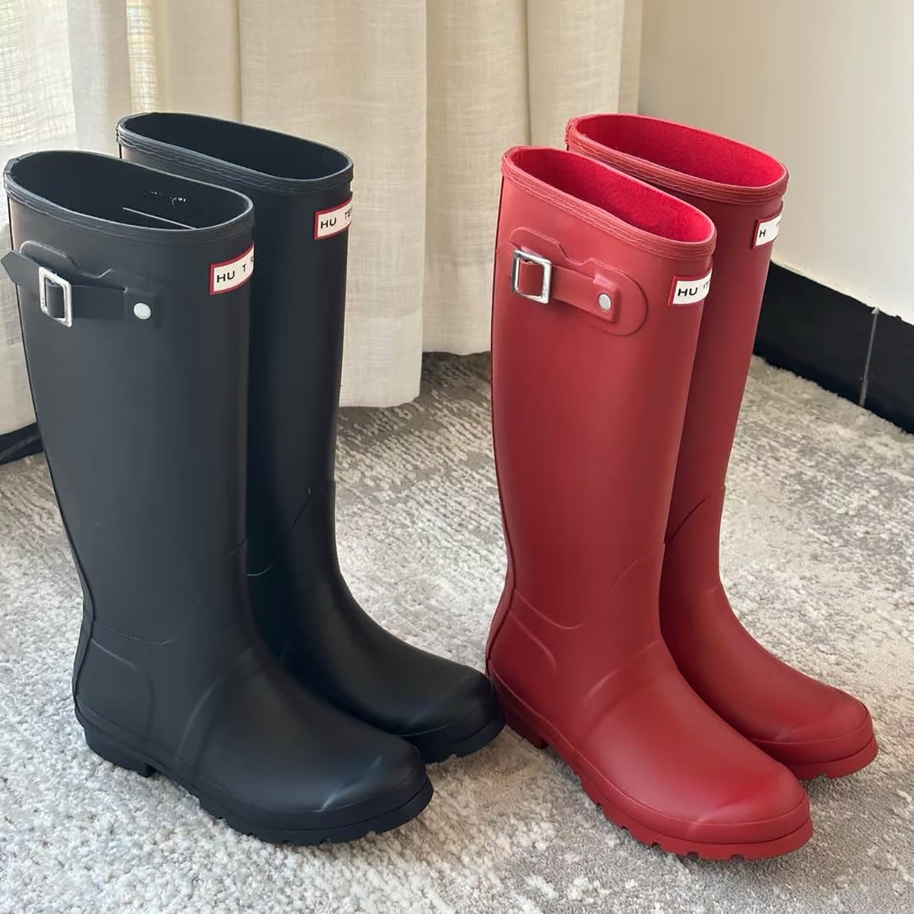 Wellies rain boots designer womens Matte Gloss Rubber Womens Tall Pull on Rain Boots Decorative Side Buckle Waterproof Wear Resistant Rubber Outsole