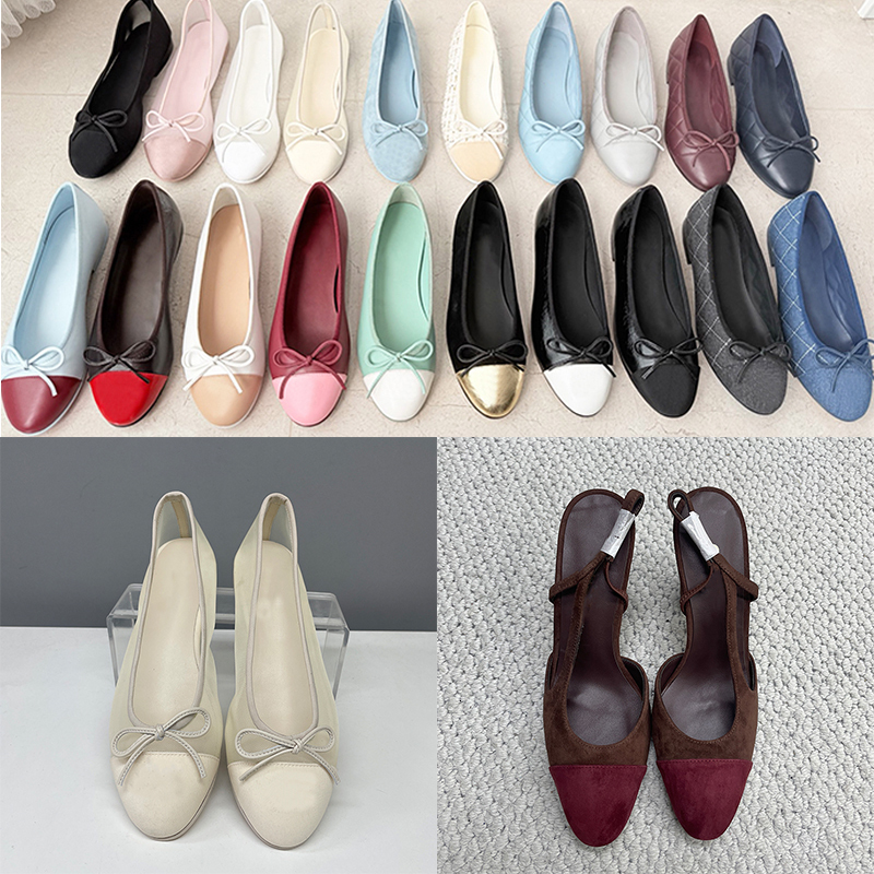 Women Genuine Leather Designer Slingback Pumps Ballet Flats Suede Velvet Mesh High Heels Ballerina Sandals Fashion Loafers High Quality Wedding Dres