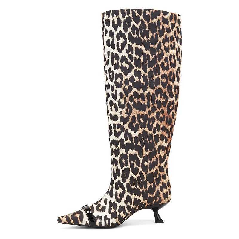 Leopard Pointed Toe Slip-On Cat Heel Knee-High Boots Woman Winter 2026 Black Belt Buckles Low Heels Fashion Luxury Shoes