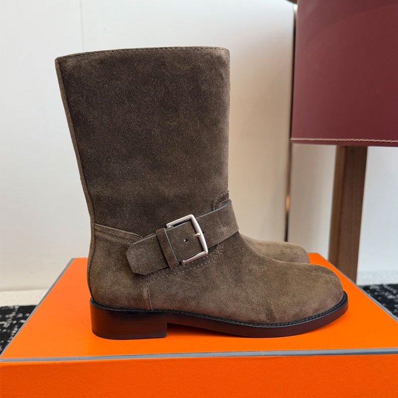 Designer suede Ankle Boots Ladies Smooth Cowhide Biker Half Boots Women Classic Round Toe Retro Hiking boots Top Version Leather Outsole Size 35 41