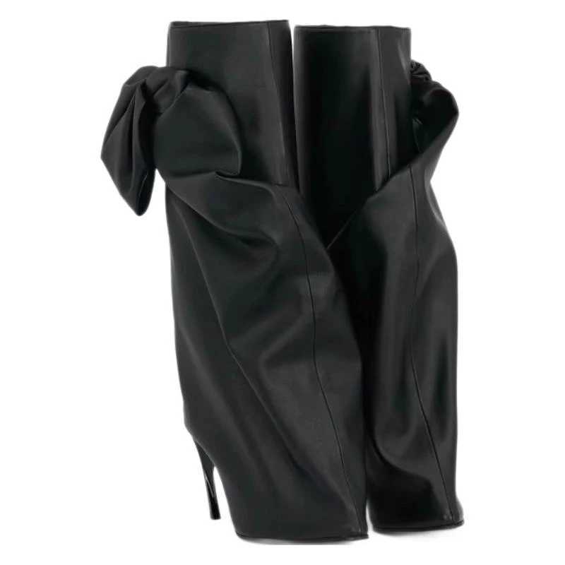 Black Big Bow Shaped Heel Mid-Calf Boots Woman 2026 Pointed Splicing Sleeve Pleats High Heel Boots Fashion Party Dress Boots