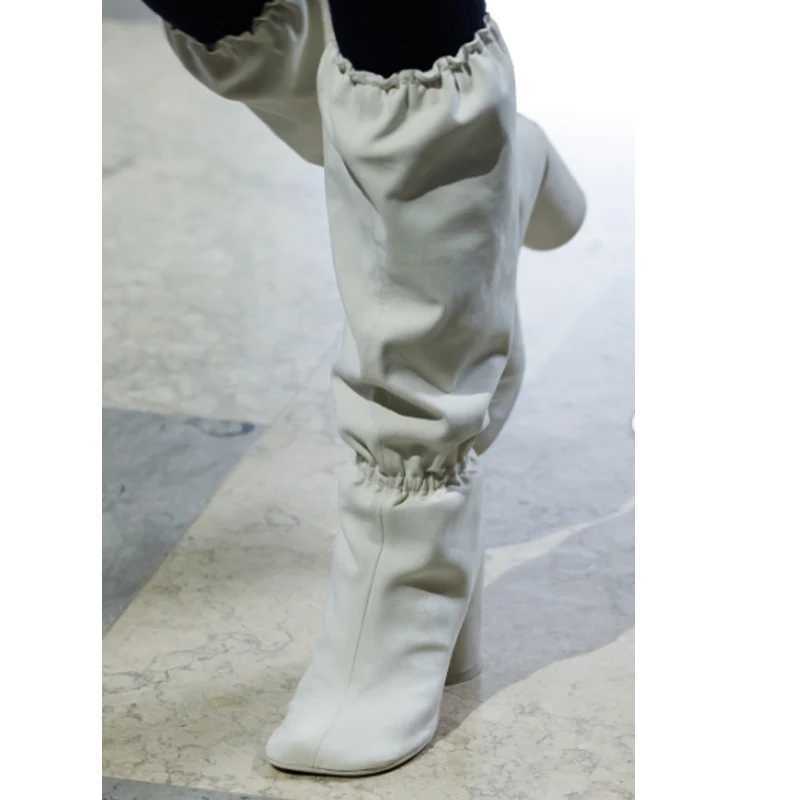White Square Flat Toe Ruched Elastic Cuff Round Heel Knee High Boots Woman Spring and Autumn 2026 Chunky Heel Pleated Boots