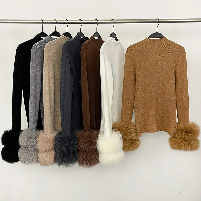 Slim Fit Half Turtleneck Top Clothes Female Women's Knit Sweater with Detachable Cuffs Fur Warm Winter Layering Piece 261008