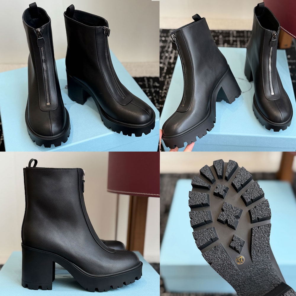 Stride Leather Ankle Boots With Zipper Womens Boot 1T620O Enameled Metal Logo Knight Boot Fashion Brand Autumn Winter Boots Height 8.5cm Rubber Sole