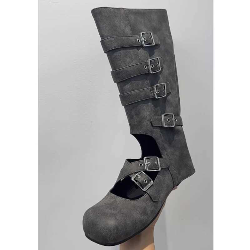 Gray Strappy Buckle Cutout Round Toe Falt Boots Woman Winter 2026 Ballet-Style Long Boots Women's Gothic Cosplay Punk Shoes