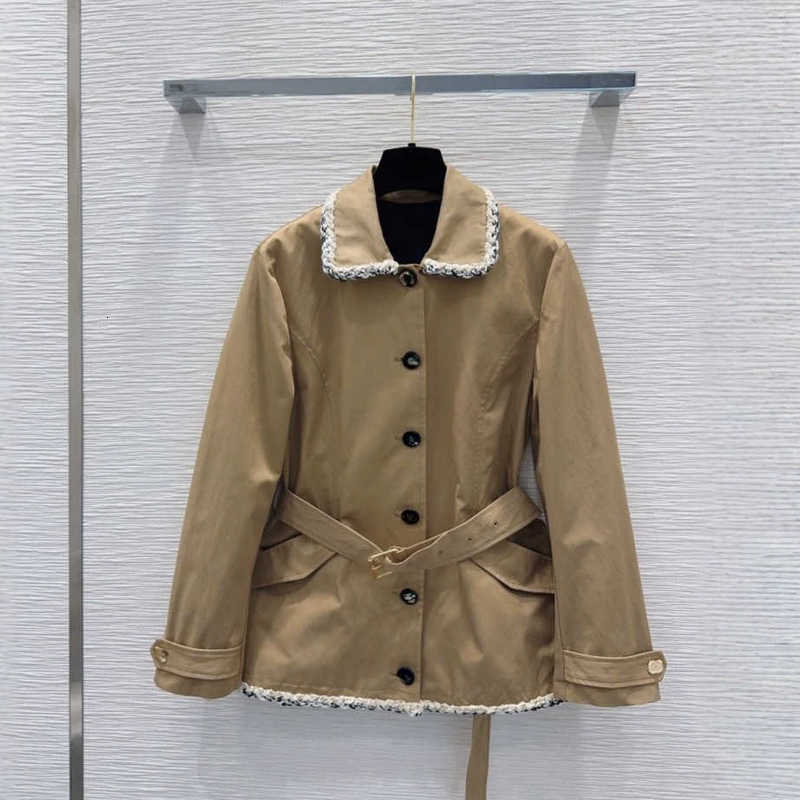 designer Women's Trench Coats autumn/winter collection: CH brand long-sleeved, collared, lace-trimmed crocheted patchwork suede trench coat, sh