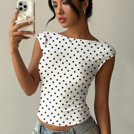 Combhasaki Womens Short Sleeve Polka Dot TShirt Vintage Going Out Crop Tops Slim Fit Boat Neck Off Shoulder Blouse Y2k Clothes 260521
