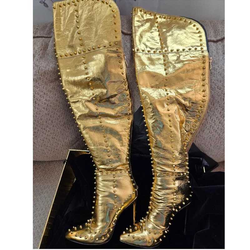 Burst Crack Print Rivet Pointed Gold Stiletto Boots Woman Winter 2026 Sexy Green Rear Zip High Heel Thigh Boots Women's Shoes