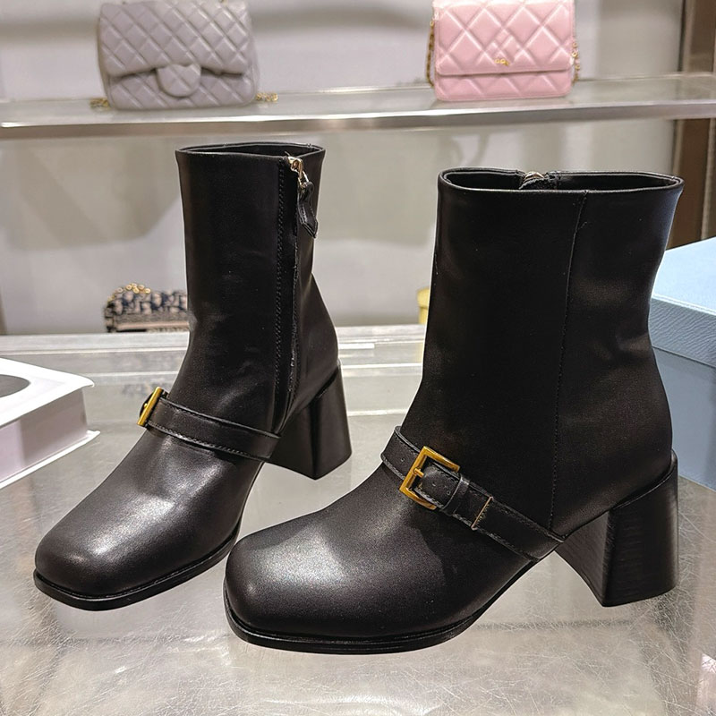Botines de cuero mujer 2027SS versátiles punta redonda logo triangular botas moteras ecuestres suela de goma talla 35-41