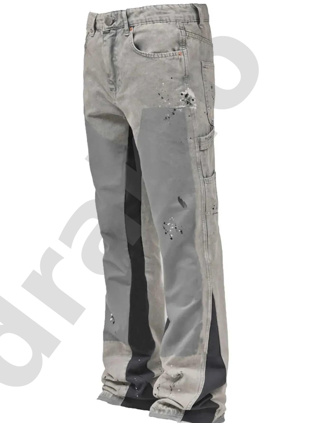 Jean évasé Vintage délavé pour hommes, pantalon en Denim de charpentier multi-poches, Streetwear, éclaboussures de peinture à l'encre