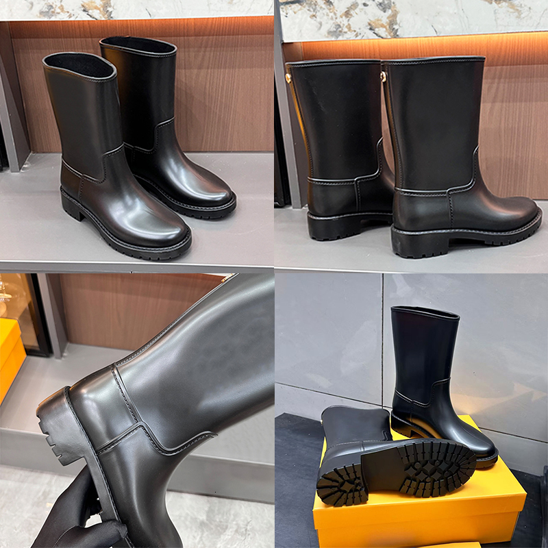 Fashion Rainboots Women Designer Drops Flat Half Rain Boot Mid Calf Waterproof Boots Leather Rider Boot Outdoor Work Shoes Ladies Rain Shoe 1204