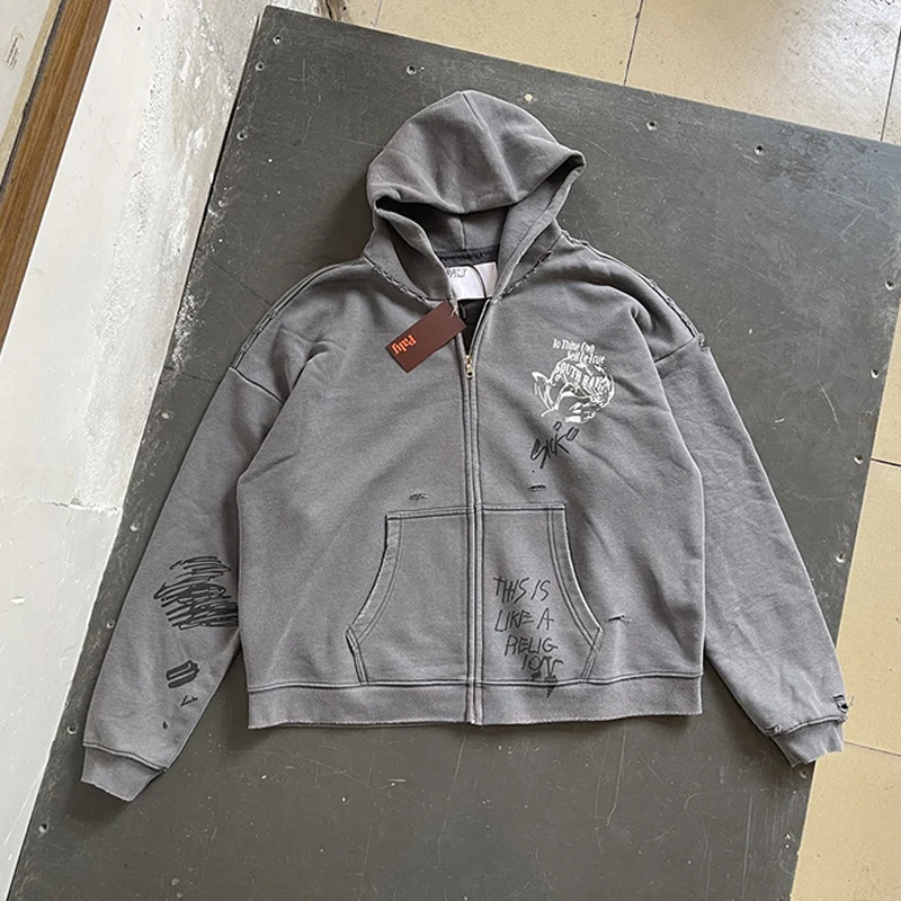 Autumn Winter Vintage Wash Black Gray Damaged Hole Zip Up Coats Men Women Graphics Graffiti Rhinestone Zipper Hoodie Hooded