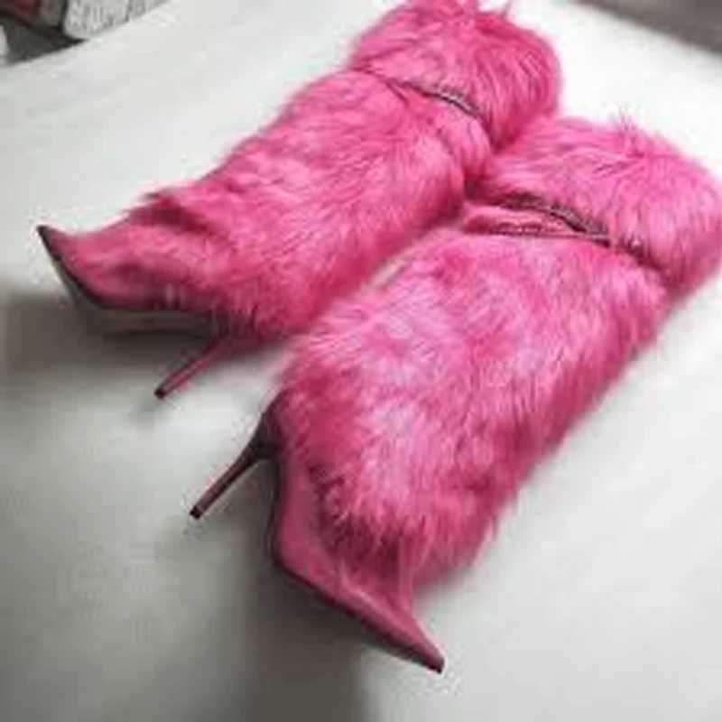 Rose Fur Chain Stiletto Knee High Boots Woman Winter 2026 Black Pointed Toe Warm Boots Female Fashion Sexy Shoes for Women