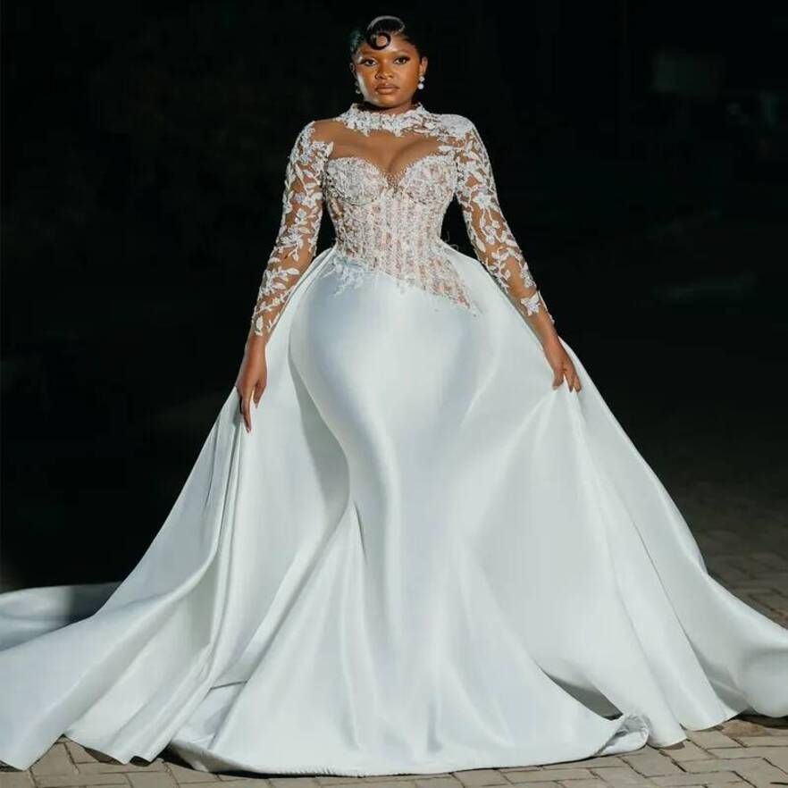 Gorgeous Plus Size African Gown For Bride Mermaid Wedding Gowns Detachable Train Luxurious Beaded Lace Rhinestones Bridal Dress D815