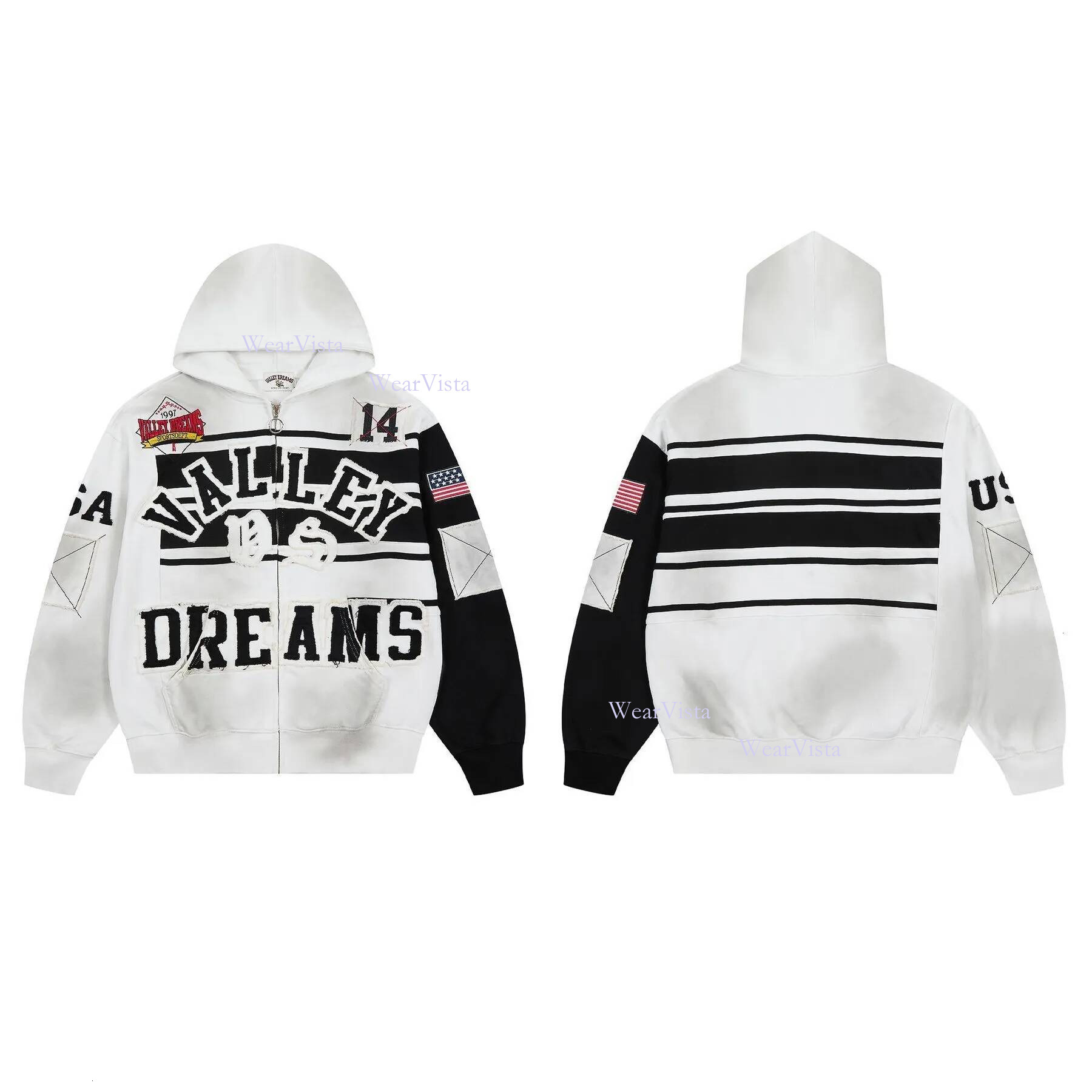 Valleyes Hoodie Vintage Graphic Zip Up Designer For Men Women Unisex Washed Black White Pullover Loose Cotton Sweatshirts Retro Print Valleysdreams