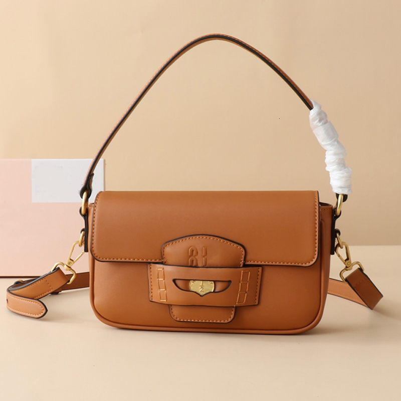 12A Designer bag Cognac Penny Baguette Bag Vintage Gold Coin Lock Underarm Shoulder Bag Leather Flap Bag Women Luxury Underarm Bag