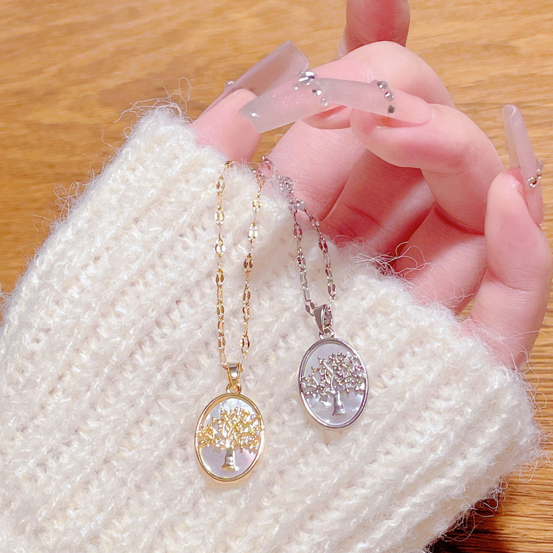 Cross-Border Amazon Hot-Selling Oval Mother-Of-Pearl 3D Tree Of Life Necklace For Women Fashion Retro Exquisite Light Luxury Collarbone Chain