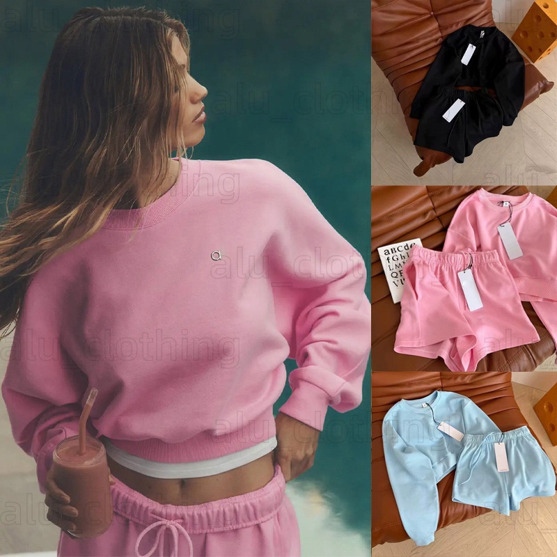 Womens Yoga Sets Designer Cropped Sweatshirts+Shorts Crew Neck Pullover Spring 2 piece set Active Short Tracksuit Pink Jogger Sportswear