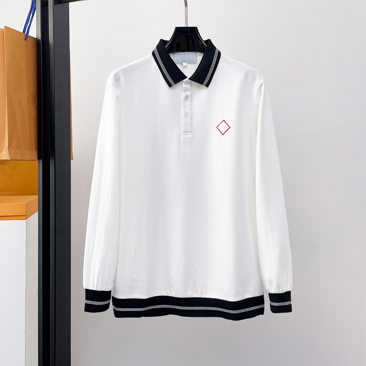 Designer brand clothing, high-quality men's T-shirts and polo shirts, ribbed long sleeved polo shirts, college style pearl cotton slightly l
