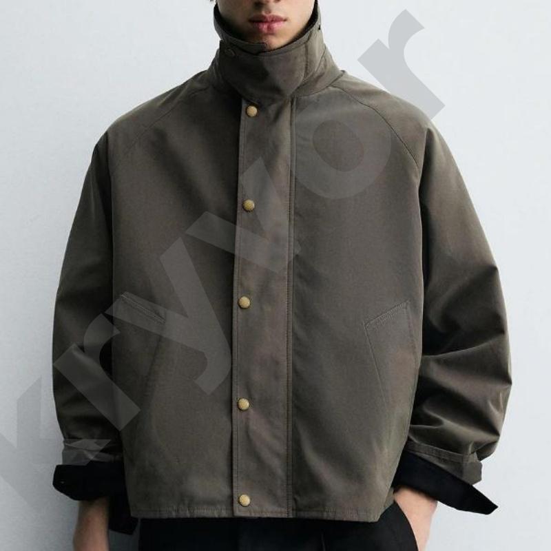 Mens Contrast Corduroy Collar Jacket Raglan Sleeve Button Front Outerwear With Diagonal Pockets Relaxed Fit Durable Fabric Casual Coat