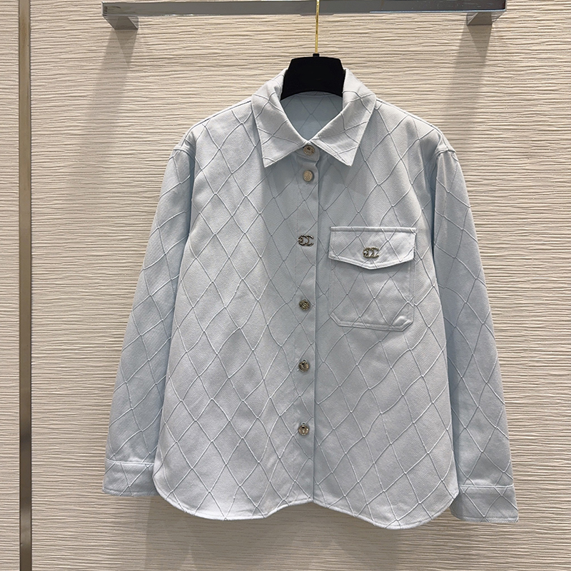 Women Designer Rhombus Embroidery Denim Shirt Lapel Long Sleeve Blouse Vintage Casual Loose Fit Top
