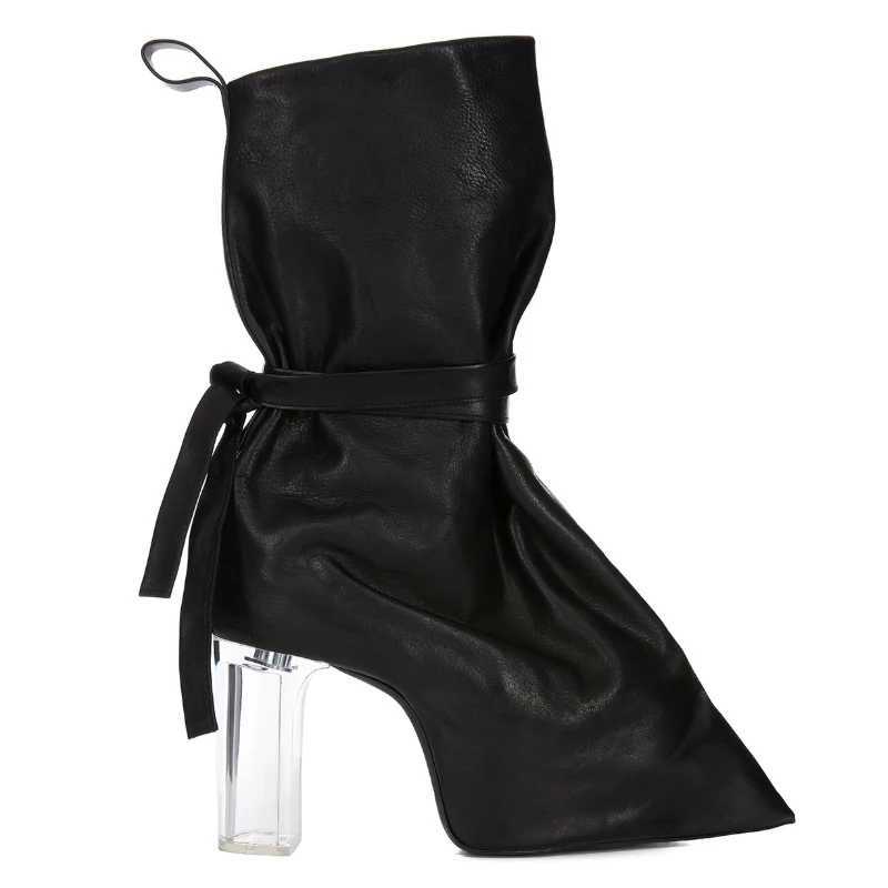 Black Clear Block Heels Pointed Toe Tie-Wrap Ankle Boots Woman Winter 2026 Fashion White High Heel Short Boots Party Footwear
