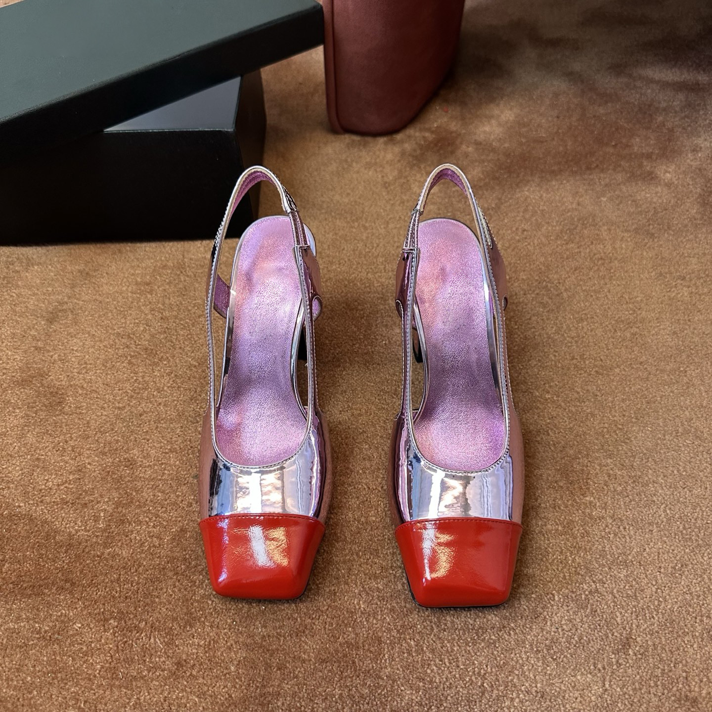 Ladies Metallic Slingback High Heel Pumps, Square Toe Red Toe Cap Patchwork Shoes, Soft Sheepskin Lining Luxury Heels For Dating & Formal Occasions