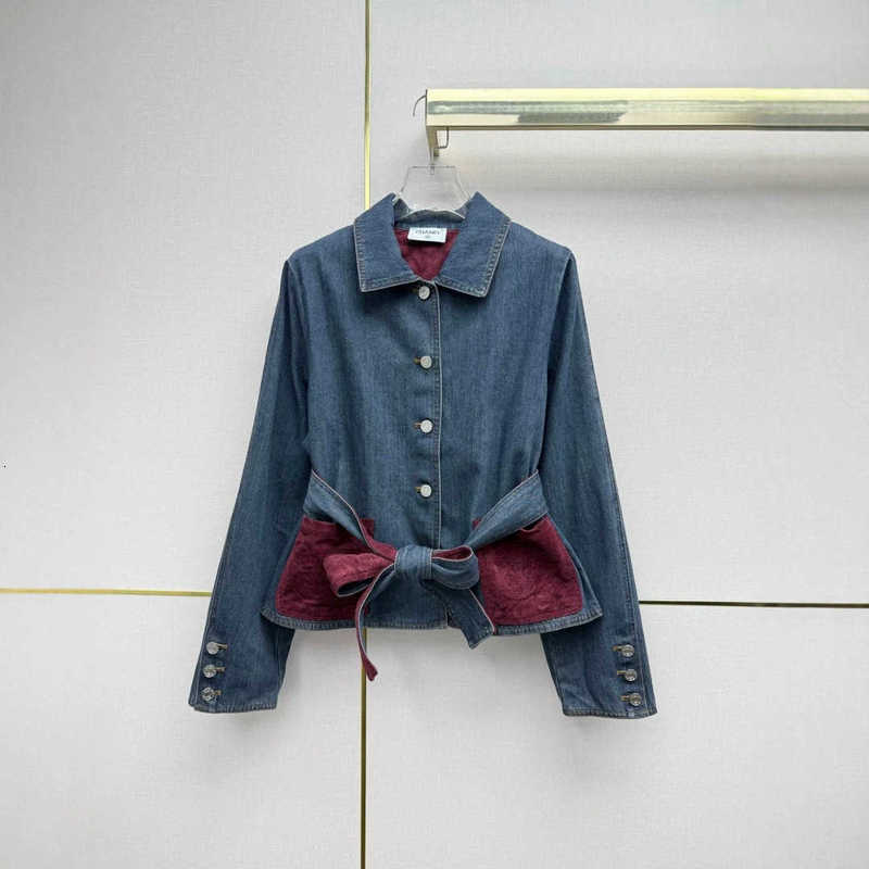 designer Women's Jackets high-quality denim shirt with elbow patches, suede accents, and a belt, designed as a shirt jacket for women