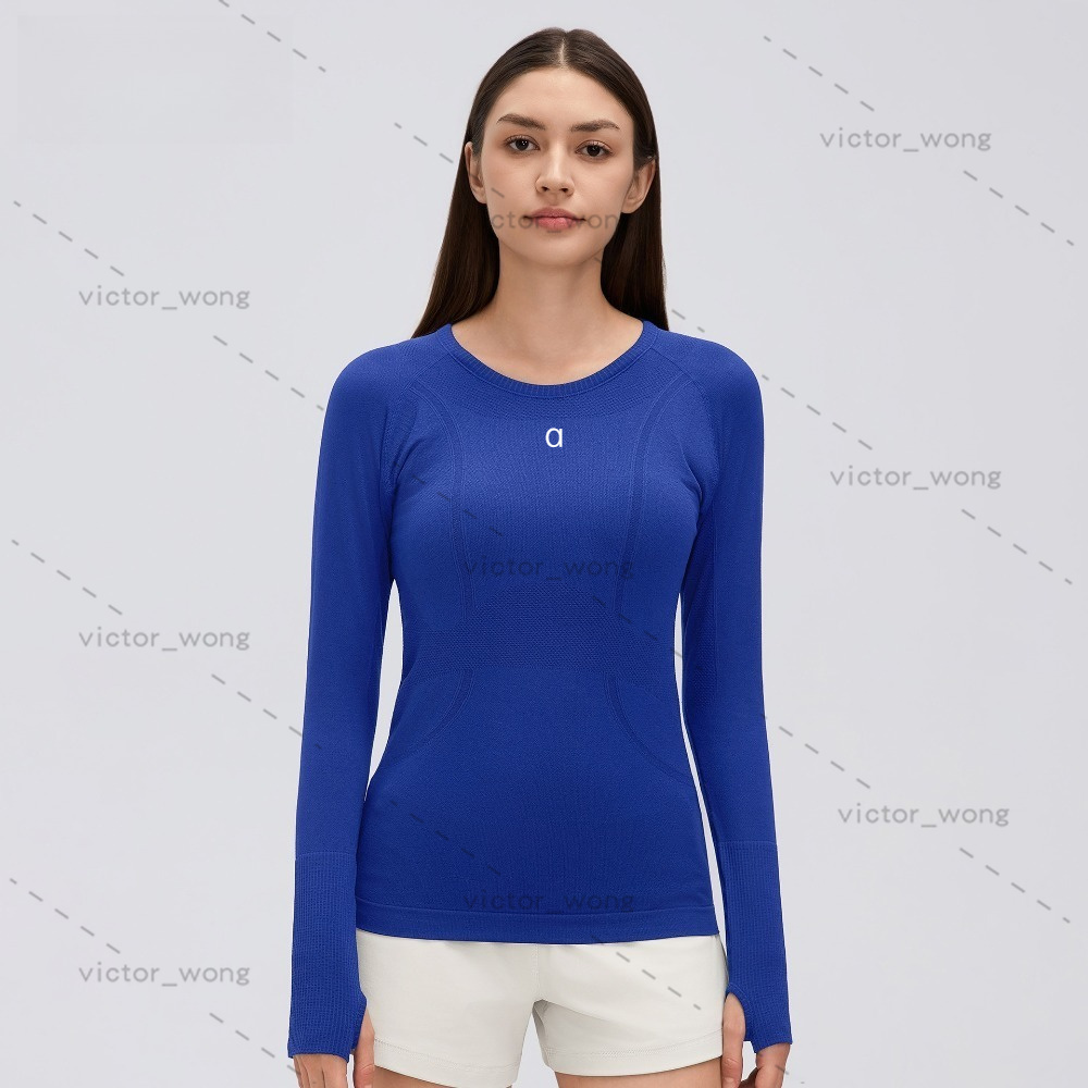 D19083 Maglia da yoga da donna girocollo senza cuciture a maniche lunghe, vestibilità slim, con foro per il pollice, camicia atletica da allenamento