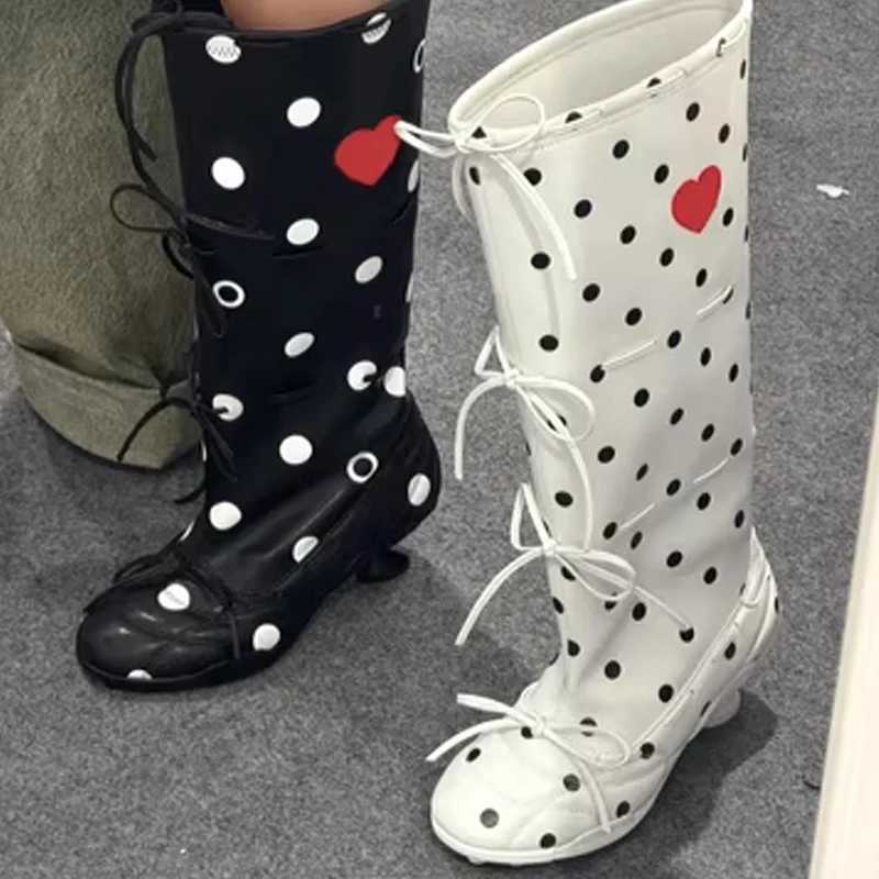 Black Polka Dot Heart Bow Knee High Boots Woman Winter 2026 White Round Toe Low Heel Cute Fashion Boots for Party Daily Wear