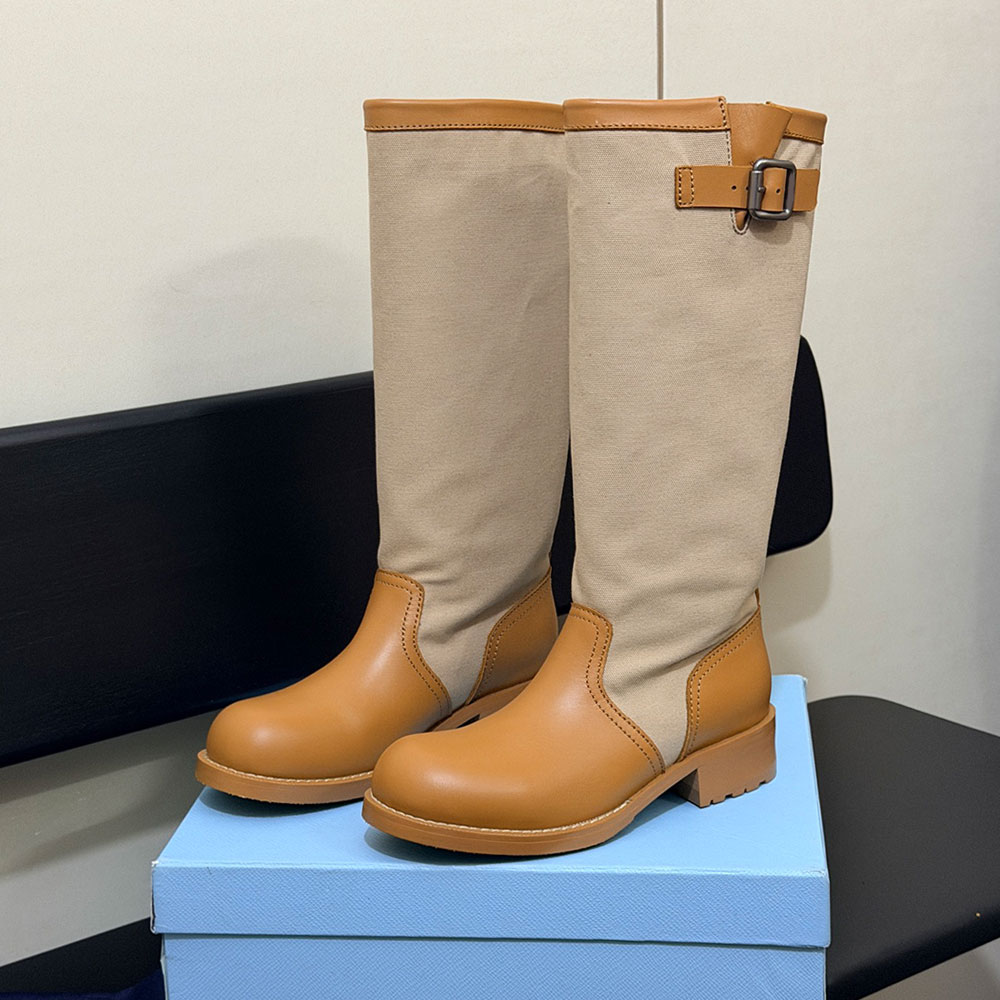 Leather And Canvas Boots Womens Designer Knee Boot Biker Style Luxury Knight Boots Fashion Brand Equestrian Boots Vintage Lightness Autumn Winter Bo