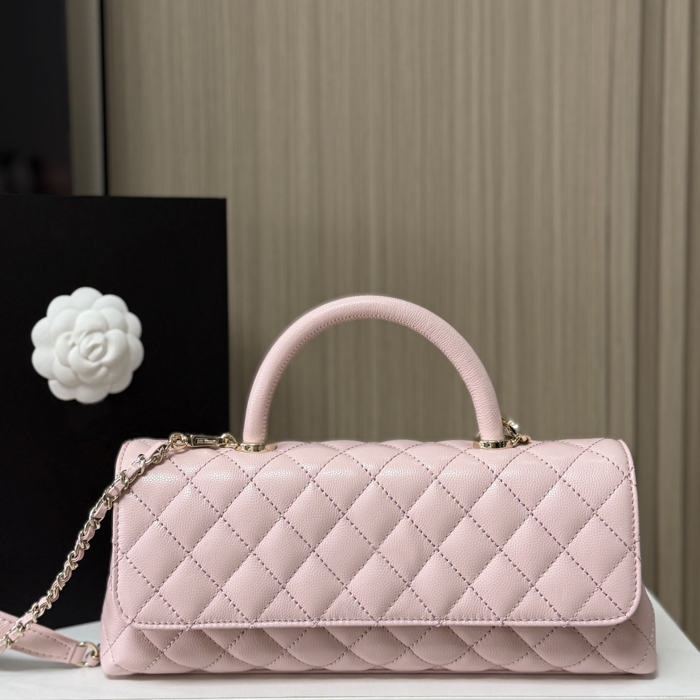 Designer Bag Horizontal Series Quilted Caviar Leather Top Handle Handbag, Detachable Chain Crossbody Purse, For Daily Wear, Office, Party, Shopping