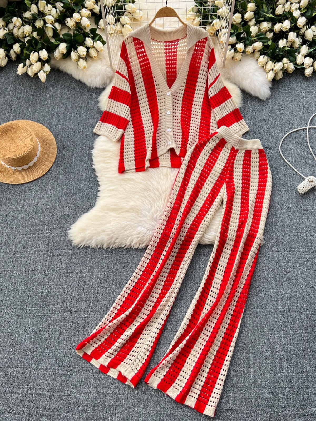 Fashion blue striped knitted crochet twece set womens long sleeved top and wide leg pants vacation beach birthday 240823