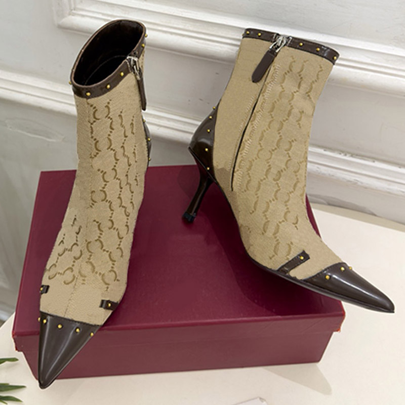 Ladies Fashion Print Bootie Premium Sand Brow Canvas Sharp Pointed Womens Leather Buckle High Heeled Short Barrel Womens Boots