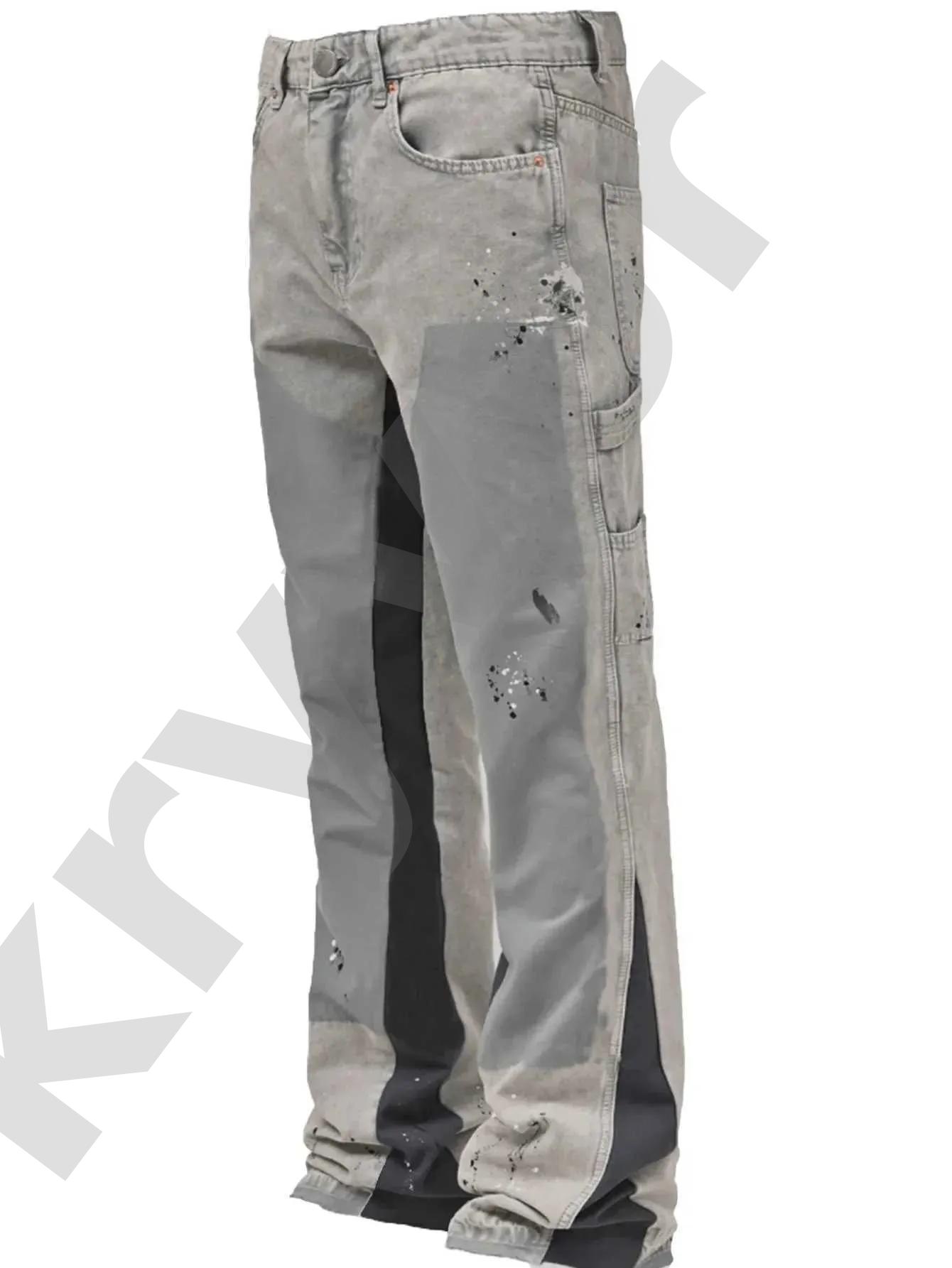 Men Black Splatter Paint Flare Jeans Patchwork Cargo Side Pockets Raw Frayed Hem Distressed Washed Gothic Streetwear Denim Pants