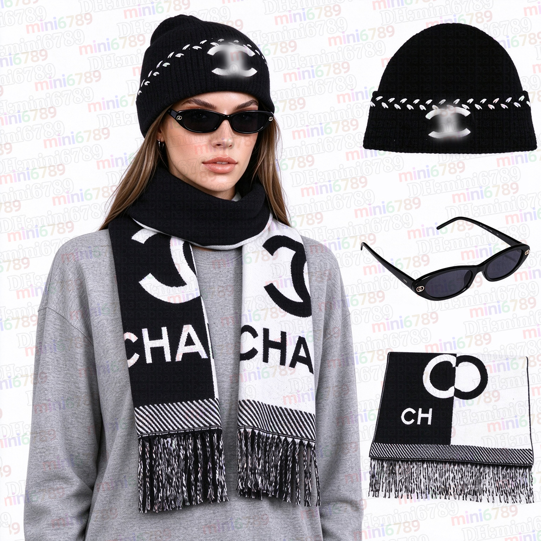 Chanair beanie Scarf Set Black White Interlocking Ring Beanie and Fringe Scarf Set, Vintage Two-Tone Winter Accessories, Soft Warm Knit Hat with Tas