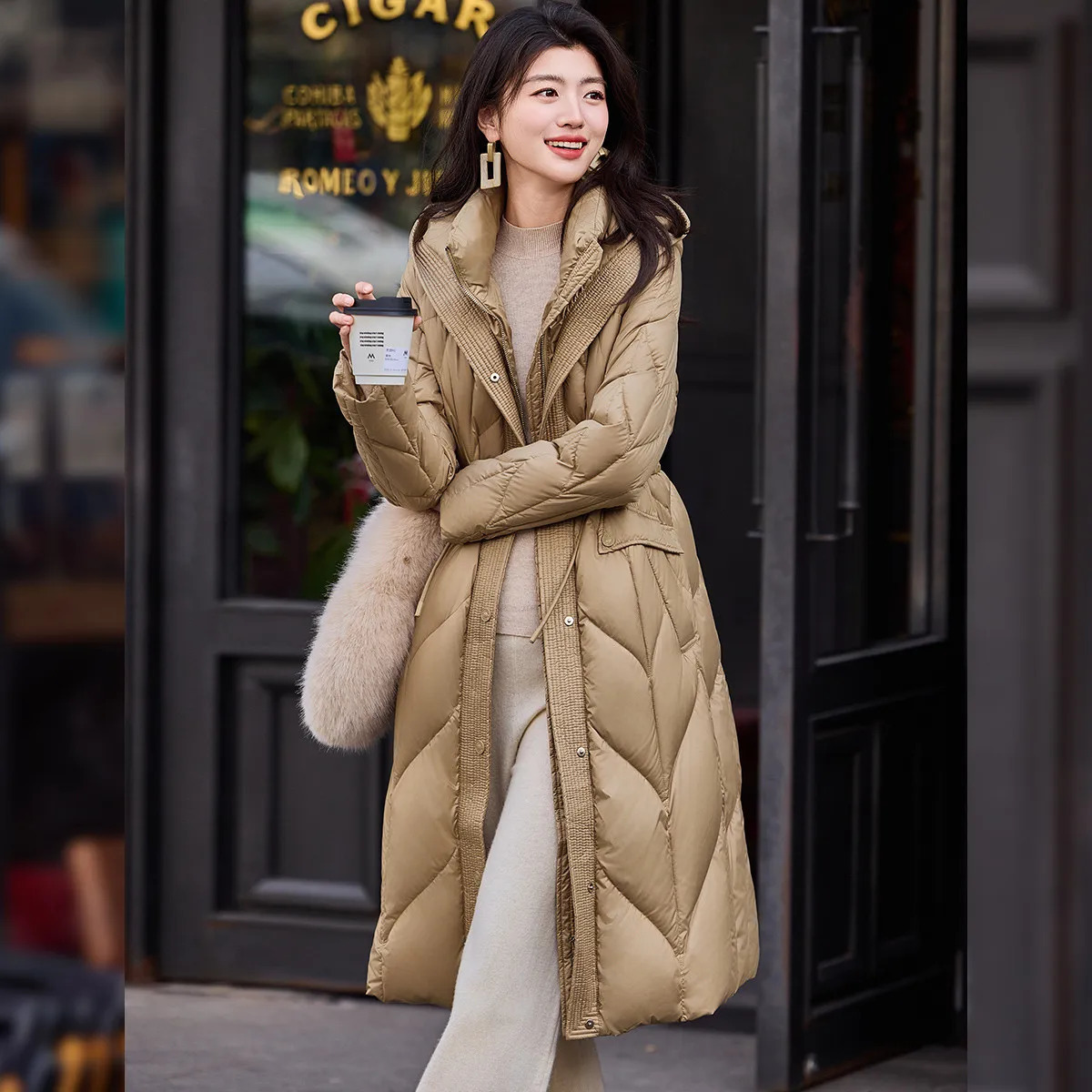 LOUIS YAO Commuter Stand Collar Thickened Duck Down Coat Winter Warm Delicate Quilted Slim Fit Long Jacket Women 261014