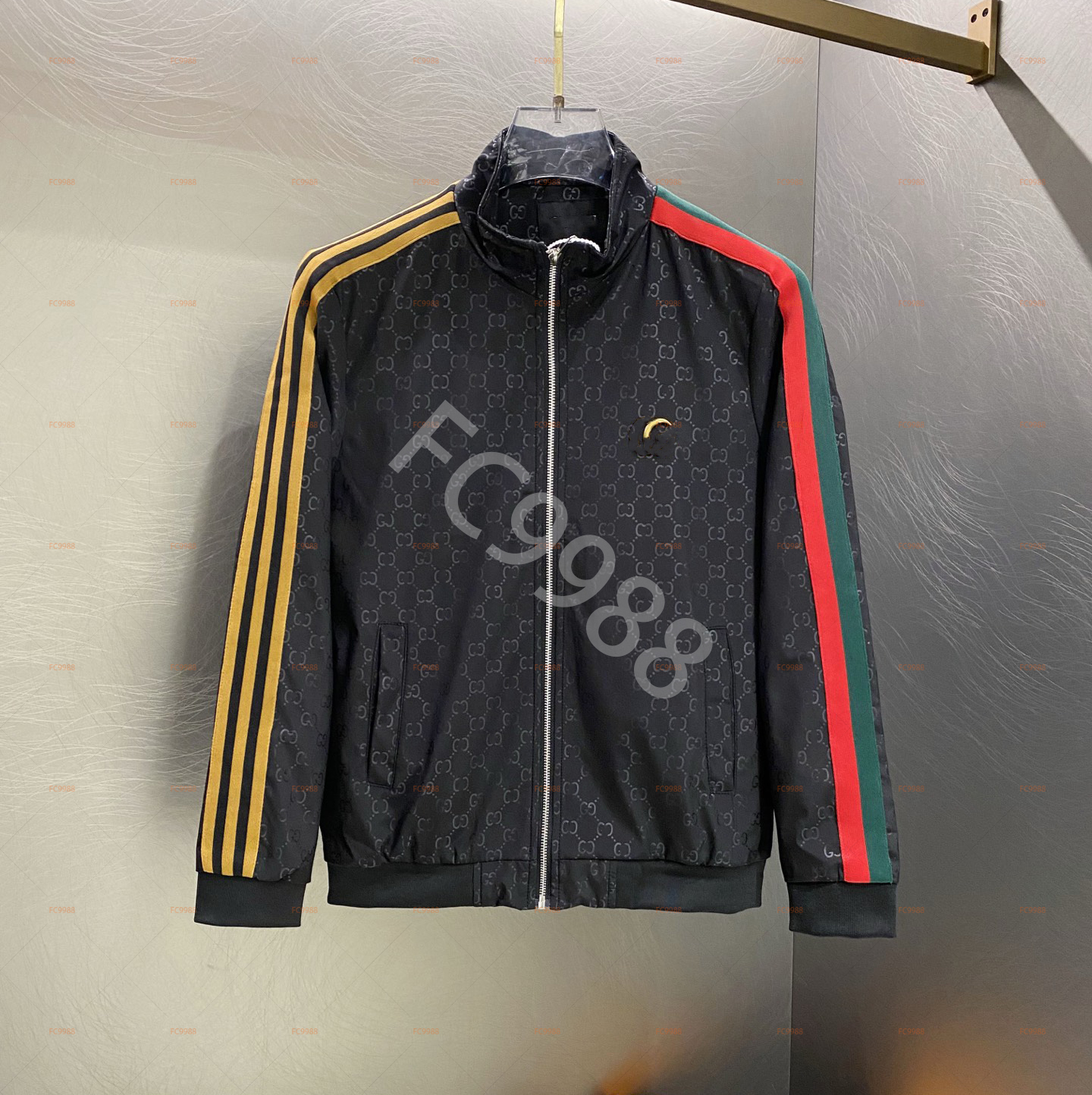 Men's Monogram Jacquard Jacket Contrast Stripe Stand Collar Zip Up Casual Bomber Jacket Windproof Fashion Streetwear Outerwear