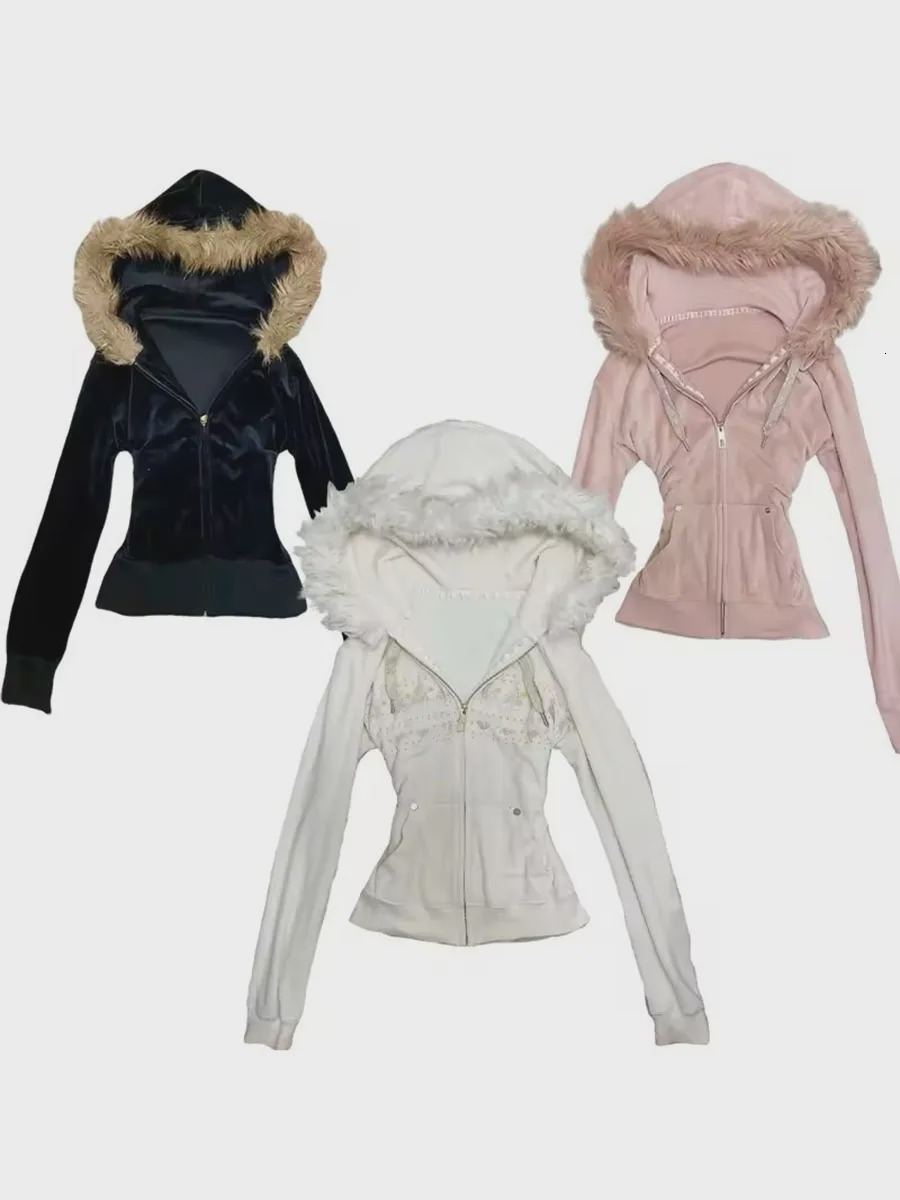 Women's Faux Fur Trimmed Hooded Zip Up Sweatshirt, Cropped Fitted with Chest Rhinestone Decor, Vintage Millennial Y2K Streetwear Crop Hoodie