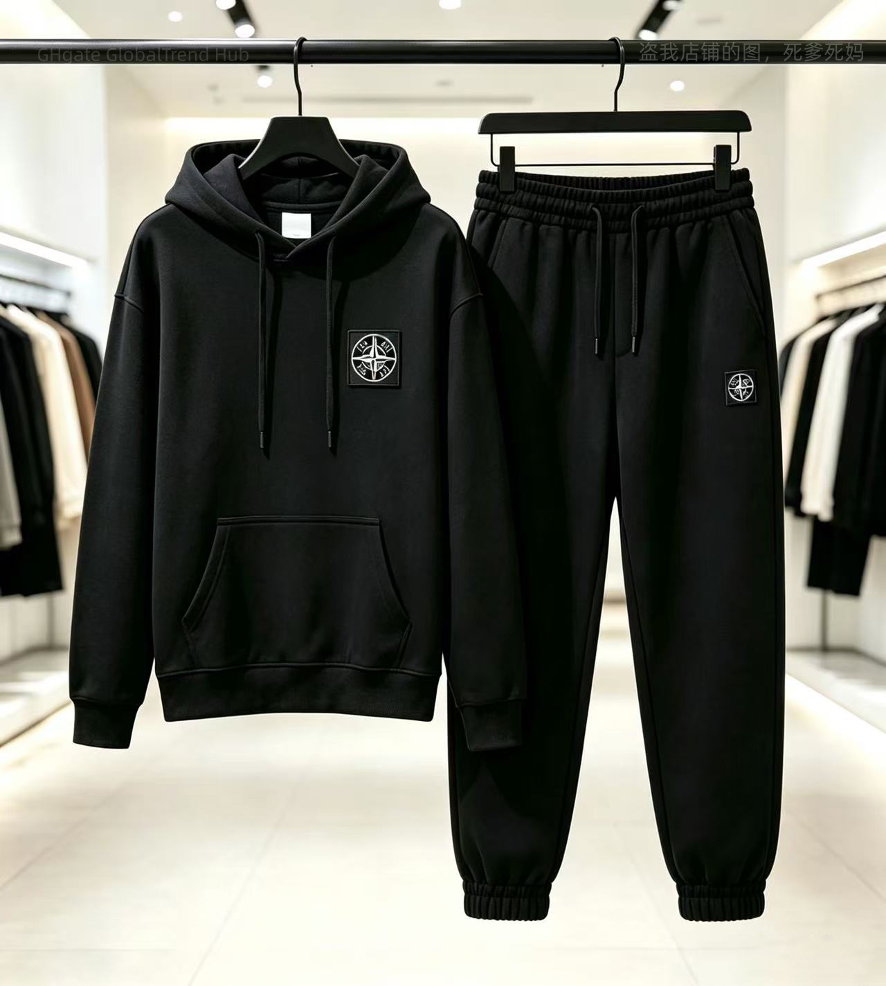 Mens High Quality Fall Hoodie Jogger Set, Fashion Square Emblem Badge Design, Thick Soft Fabric, Multi Color Options, Hip-hop Street Holiday Daily C