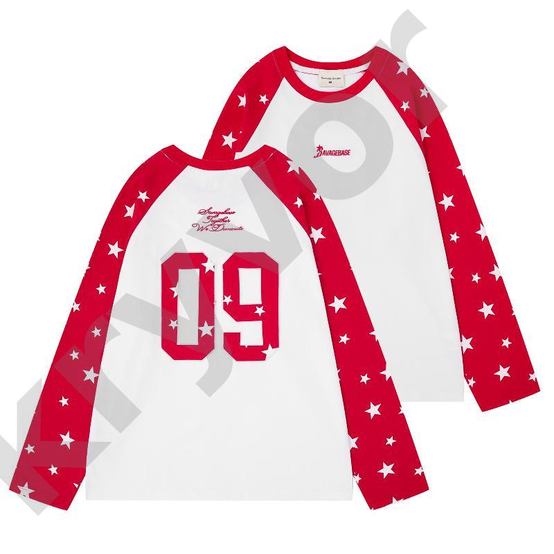 Camiseta de manga larga raglán unisex con mangas estampadas de estrellas, logotipo frontal y gráficos de números en la parte trasera, camiseta infor